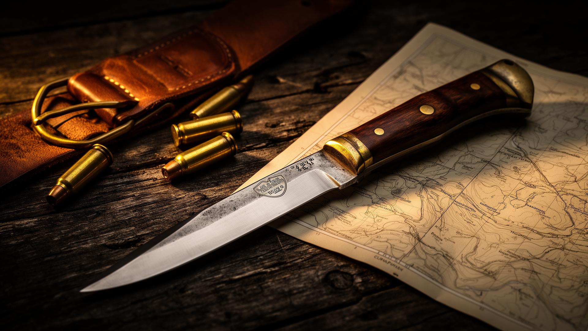 Heirloom hunting knife, brass casings and topographical map